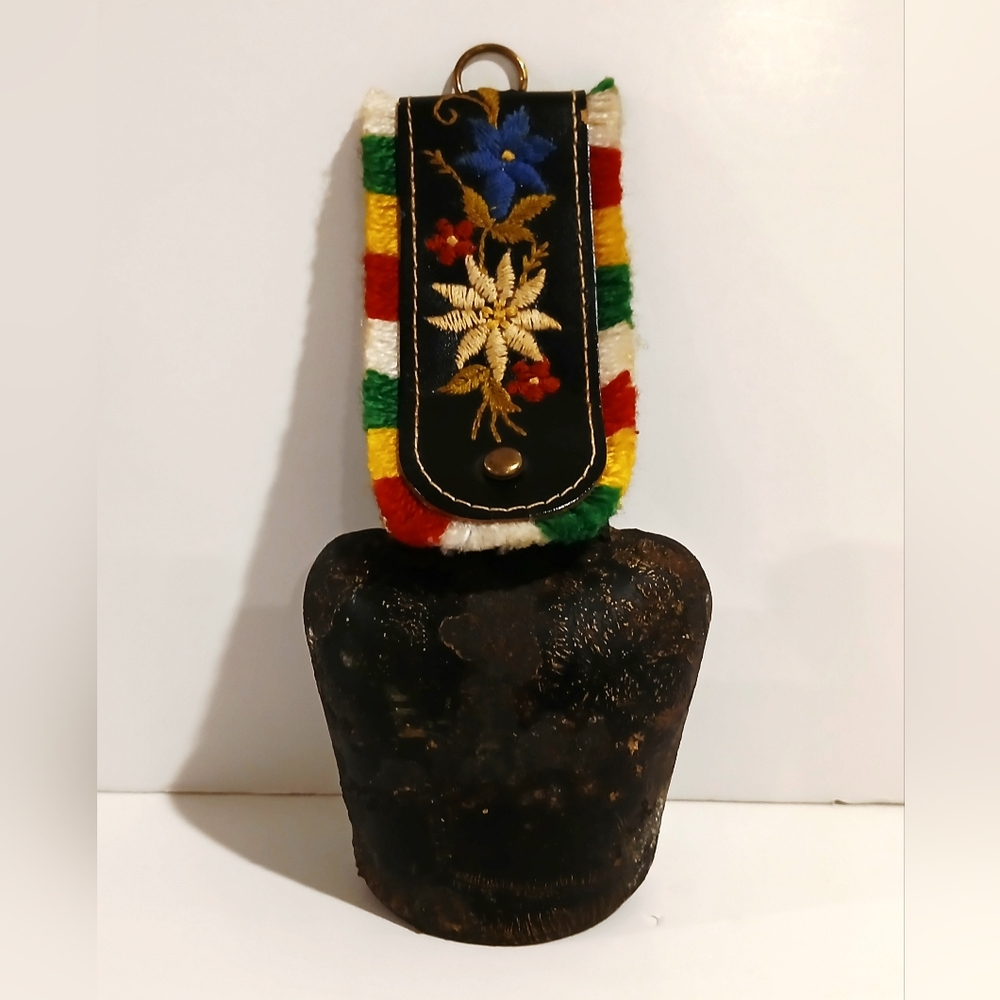 Vintage Rustic Swiss Alpine Cow Bell with Embroidered Strap